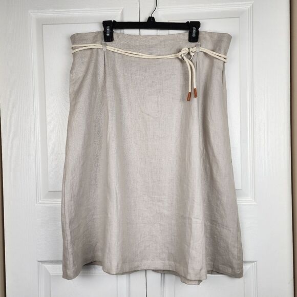 Ulla Popken 100% Linen Midi Skirt Elastic Waist Tie Rope Beige Sz 18 - Picture 13 of 13